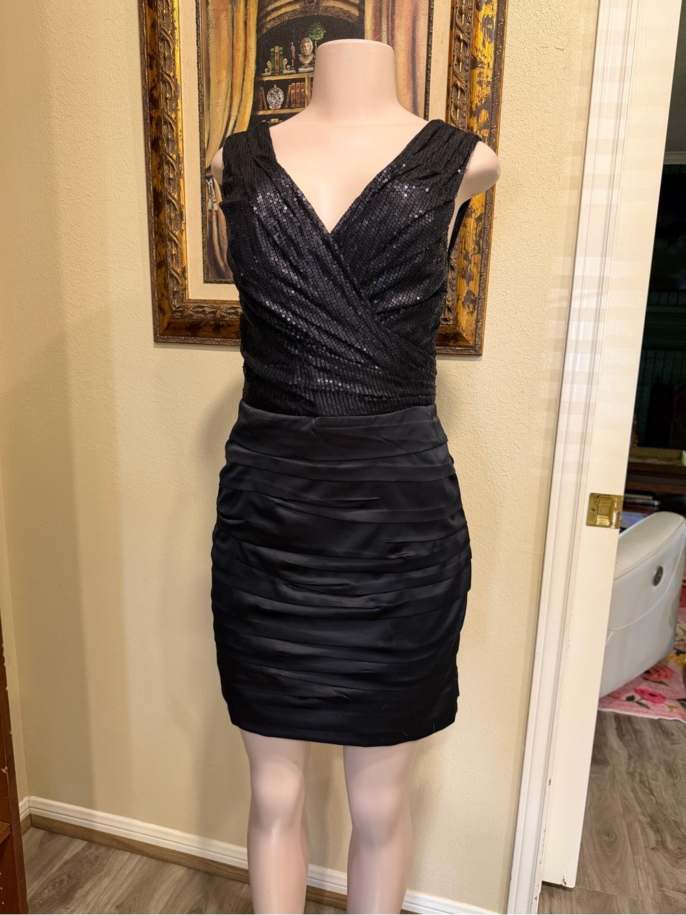 Express Black Sequin Ruched V-Neck Mini Dress